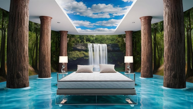 a bedroom with a waterfall and a bed with a sky view