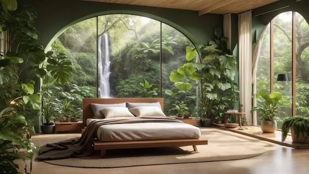 a bedroom with a waterfall and a green wall with a waterfall in the background