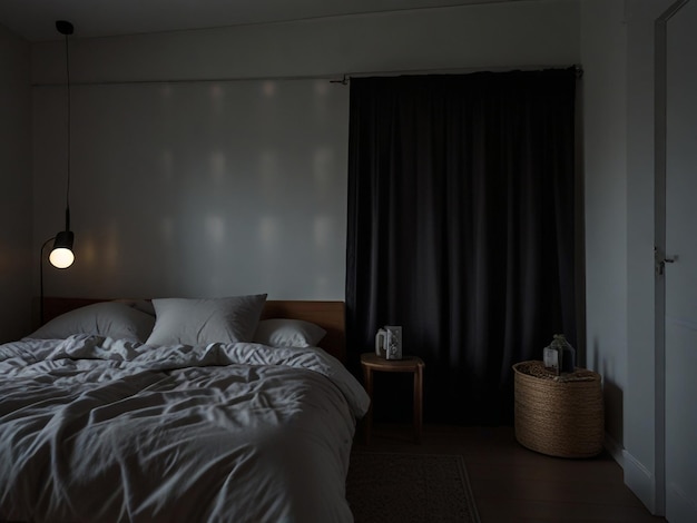 Photo a bedroom with a white bed and a black curtain