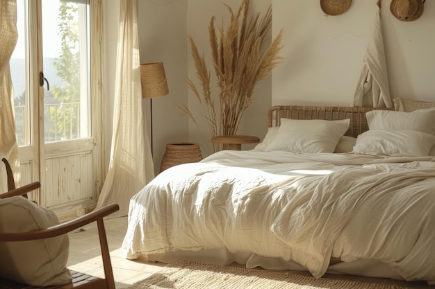 A bedroom with a white bed a chair and a table