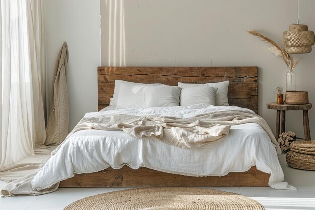 Bedroom with White Bedding and Wooden Accents White bedding wooden bed frame and a few minimalist decor pieces Emphasis on natural textures and soft lighting