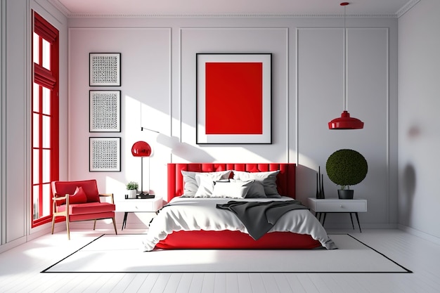 Bedroom with white walls and red furniture interior scene and mockup