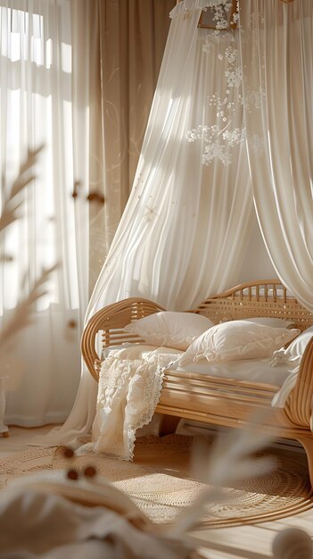 A bedroom with a wicker bed and a canopy over it