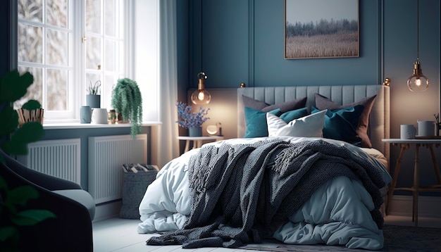 A bedroom with a window and a lamp on the side table.