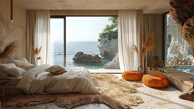 Photo a bedroom with a window that has a view of the ocean