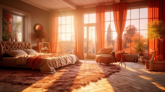 A bedroom with a window that says'autumn'on it