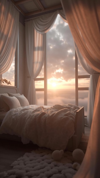 A bedroom with a window that says'i'm in the clouds '