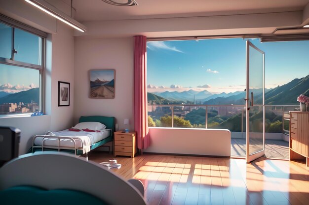 A bedroom with a window that says " the mountain view " on the right.