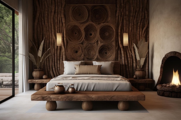 bedroom with a wooden bed a fireplace and a large woven wall hanging