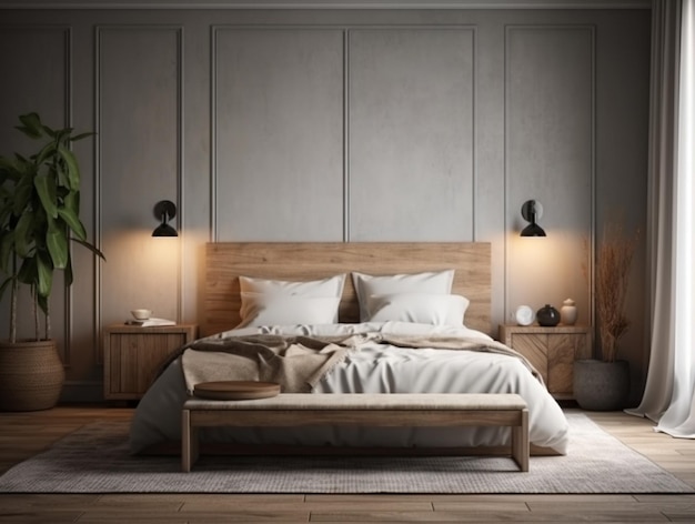 A bedroom with a wooden bed and a lamp on the wall.