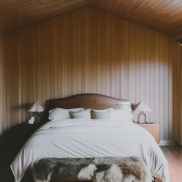 A bedroom with a wooden wall and a bed with a blanket on it.