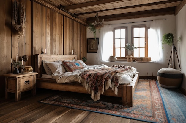 A bedroom with a wooden wall and a bed with a blanket that says'the word " on it.