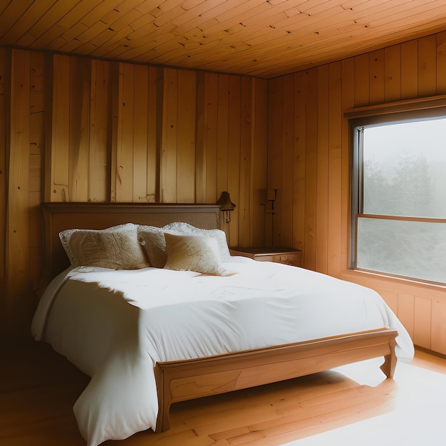 A bedroom with a wooden wall and a bed with a white comforter and pillows.