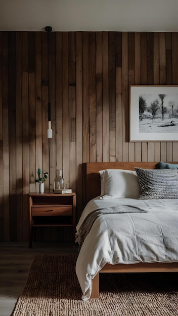 Photo a bedroom with a wooden wall and wooden furniture