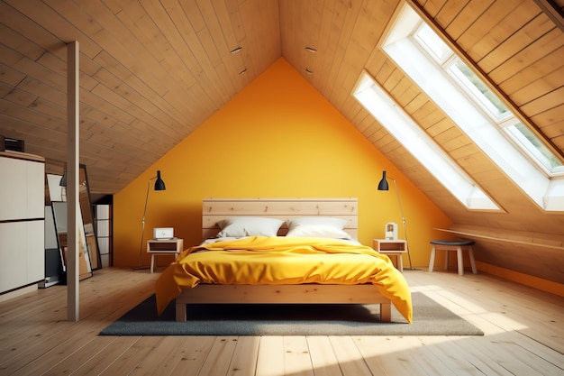 A bedroom with a yellow bed and a desk with a lamp on it.