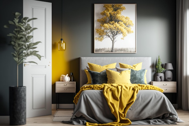 A bedroom with a yellow bed and a painting of a tree on the wall.