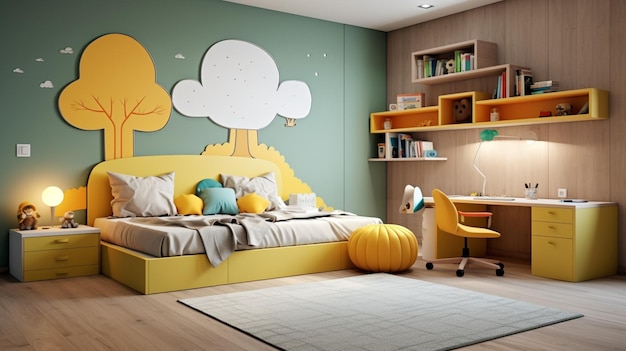 a bedroom with a yellow bed and a yellow bed with a tree painted on the wall