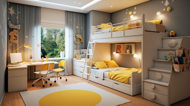 a bedroom with a yellow bed and a yellow rug