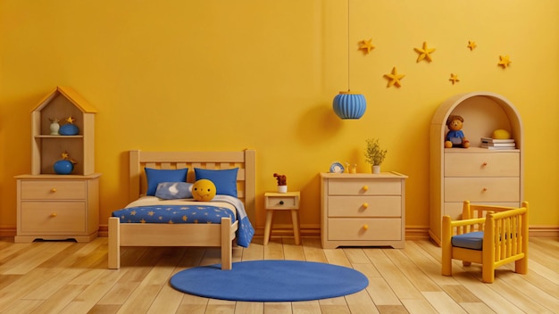 a bedroom with a yellow wall and a bed with blue pillows and a blue pillow