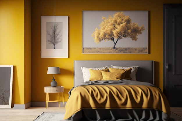 A bedroom with a yellow wall and a bed with a tree on it.