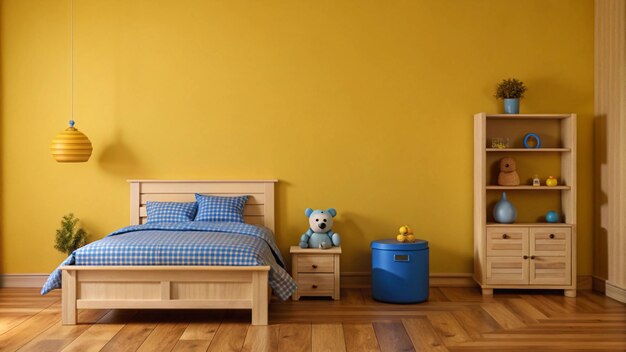 Photo a bedroom with a yellow wall and a blue bed with a teddy bear on the side