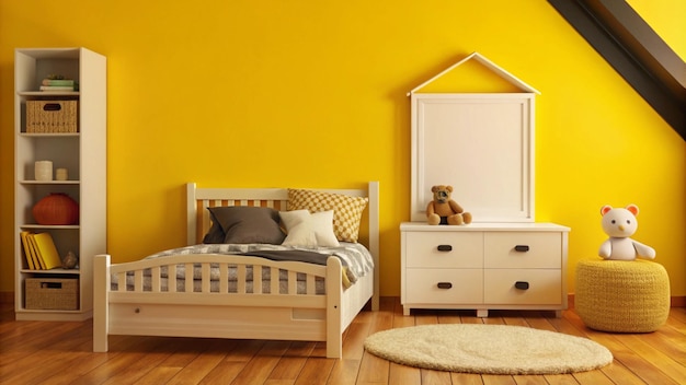 Photo a bedroom with yellow walls and a white dresser with a white dresser and a white dresser