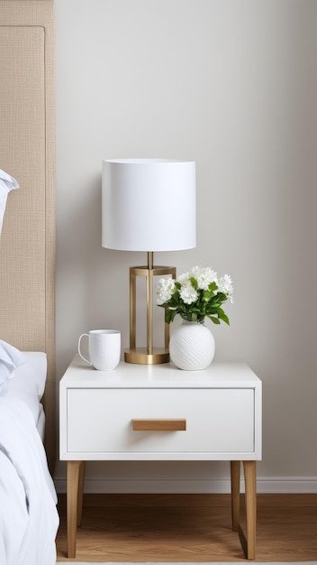 a bedside table with a lamp and a vase of flowers on it