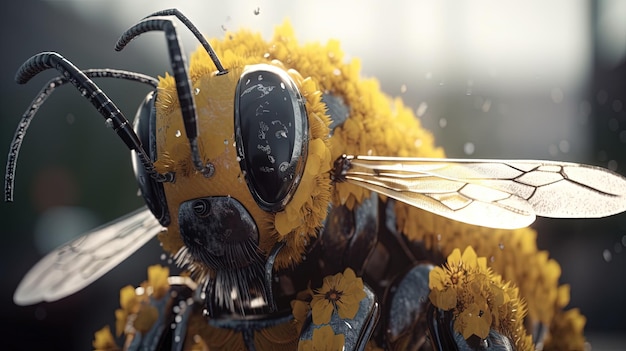 Bee Atompunk is a futuristic cybernetic bee digital art illustration Generative AI