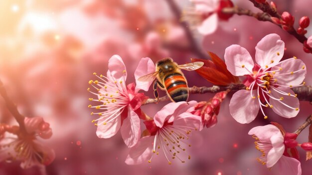 A bee on a branch of a cherry blossom tree