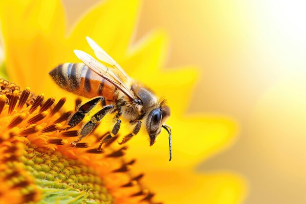 A bee collects nectar from a vibrant sunflower under the warm sunlight in summer