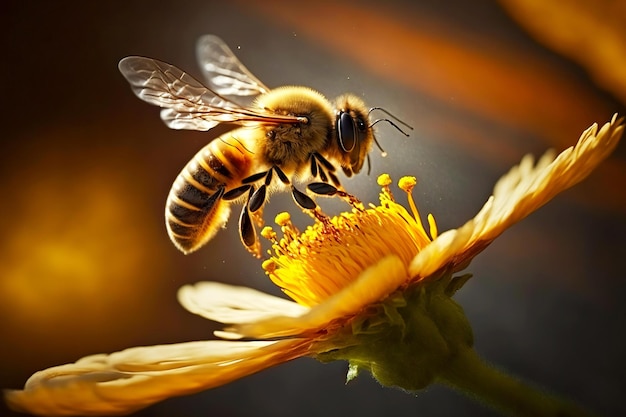 Bee collects sweet nectar and pollen with bee flower