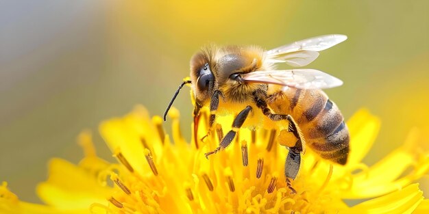 A bee diligently pollinates a bright yellow flower covered in pollen Concept Insect Pollination Nature Photography Flower CloseUp Plant Biodiversity Ecological Relationships