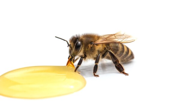 Bee drinks honey on a white background closeup