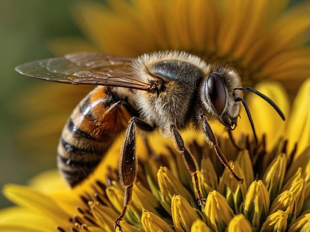 The bee flies to collect sunflower pollen