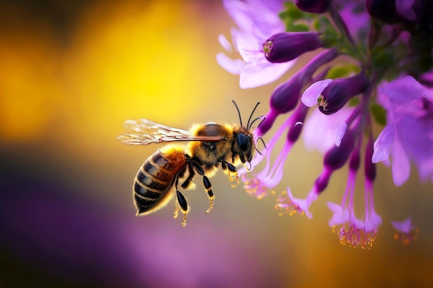 Bee flies in flowering garden with bee flower and collects pollen created with generative ai