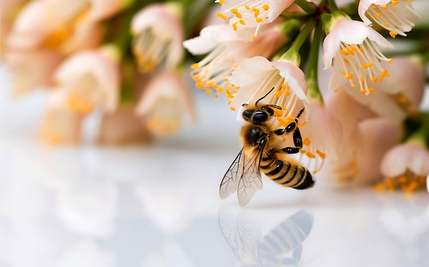 Bee on a flower of the white blossoms A Honey Bee collecting pollen