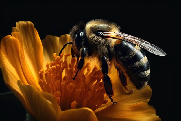 A bee on a flower with a black background