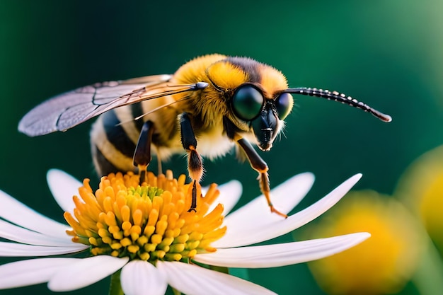 A bee on a flower with a green background