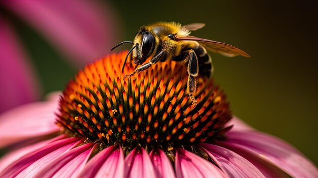 A bee on a flower with a purple background