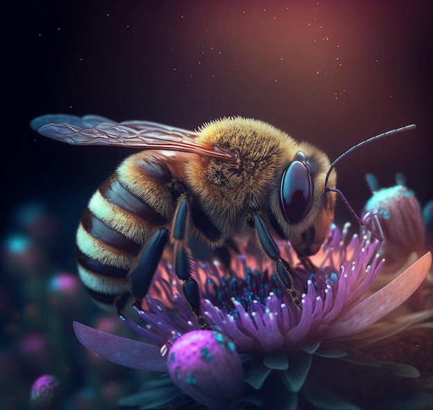 A bee on a flower with a purple background