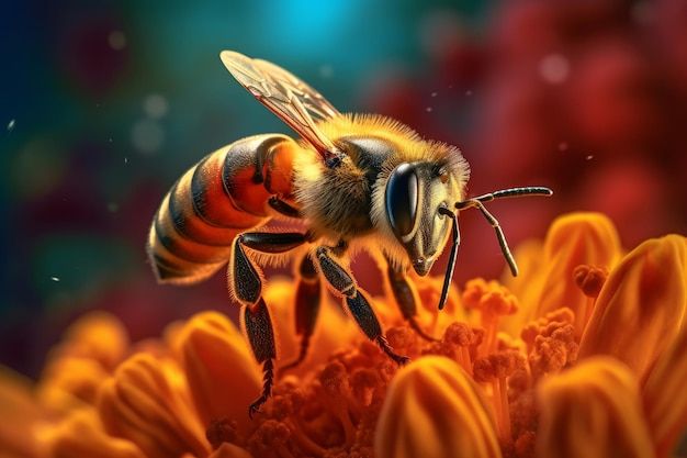 A bee on a flower with a red background