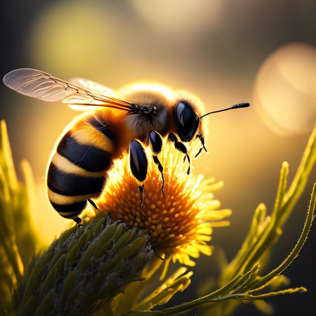 A bee on a flower with the sun shining on it