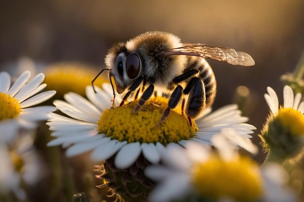 A bee on a flower with a yellow background