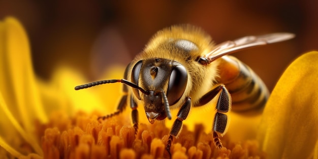 A bee on a flower with a yellow background