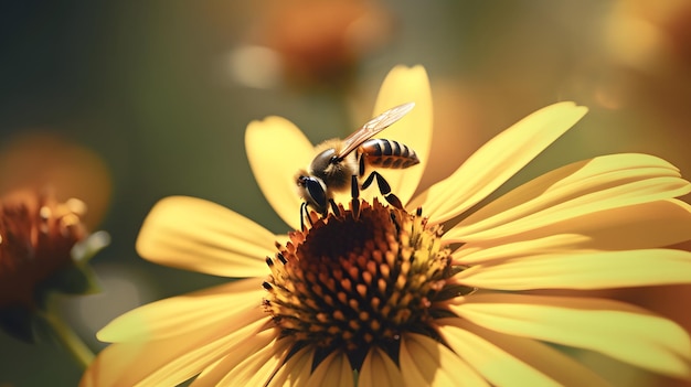 A bee on a flower with a yellow center