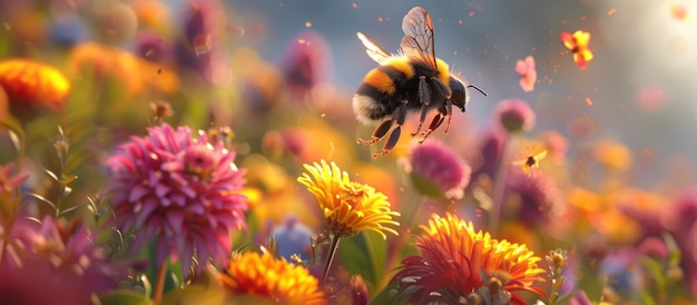 Bee Flying Over Field of Flowers