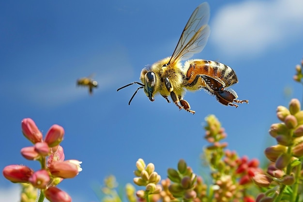 Bee flying over a patch of wildflowers in a reclaimed industrial area