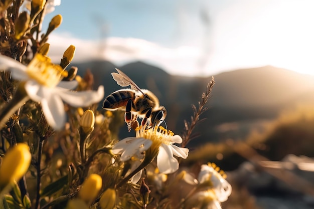 Bee flying over white flowers with mountains in the background at sunset