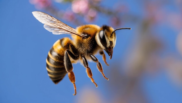 Bee gathering nectar from pink flowers perfect for spring and gardening themes