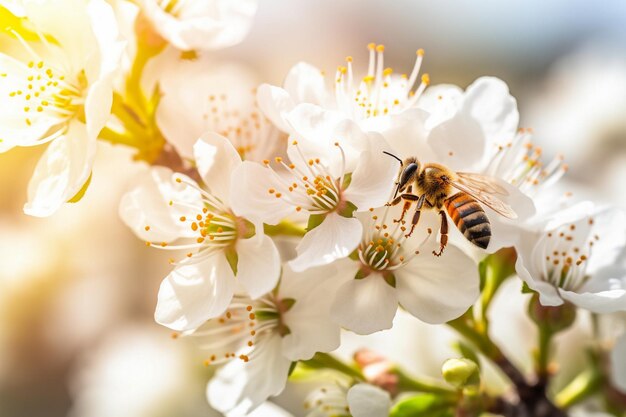 Bee harvesting daisies at sun rise